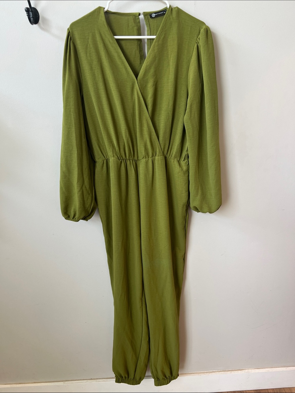 Olive Green Wrap-Front Long-Sleeve Jumpsuit